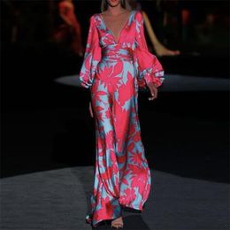 Women Dress Lantern Sleeve V-neck Print Dresses Long Plus Size Vintage Sexy Flowers Fashion 210524
