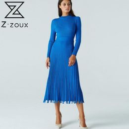 Women Dress Long Sleeve Knitting Pleated Dresses Pink Blue Red Plus Size Vintage Autumn Winter 210524