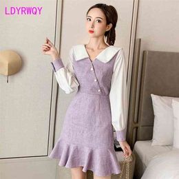 autumn French Korean version of the temperament waist was thin stitching long-sleeved women's purple dress 210416