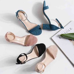 Square Hight Heels Women Sandals Summer Shoes Woman Flock Faux Suede Pumps Ankle Straps Slippers Peep Toe Wedding Shoes 210520