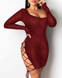 New Year Sexy Women Sequin Mini Dress Bandage Backless Glitter Print Square Neck Long Sleeve Party Robes Femme Club Clothes 210415