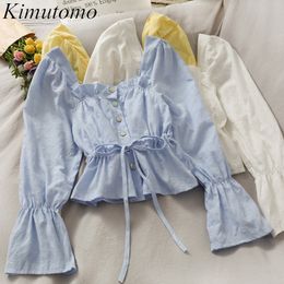 Kimutomo Spring Summer Bow Lace-up Shirt Women Square Collar Flare Sleeve Drawstring Slim Waist Solid Tops Casual 210521