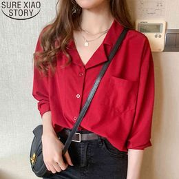 Red Chiffon Hong Kong Style Office Lady Shirts Women Autumn Long Sleeve Professional Suit Collar OL Loose Shirt 10692 210417