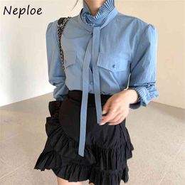 Pleated Lace Up Stand Collar Women Blouses Solid Colour Double Pockets Femme Blusas Autumn Petal Sleeve Shirt 210422