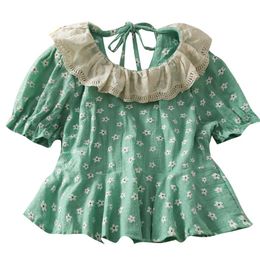 Women's Blouses & Shirts Summer Bow Tie Lace Hollow Out Colour Matching Doll Collar Print Short-sleeved Ruffled Retro Shirt