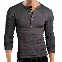 New Grey T shirt Homme Double V Neck Henley Long Sleeve Tee Men Slim Fit T-shirt Xxl 210409