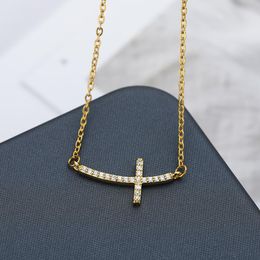 Tiny Gold Curved Sideways Cross Necklace For Women Men Cubic Zirconia Religious Pendant Jewellery Charm Collier Chains