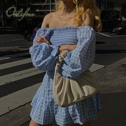 Summer Sweet Women Short Blue White Plaid Party Backless Ruffle Slash Neck Elegant Club Mini Dress 210415