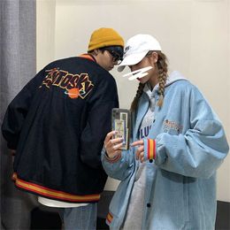 Corduroy Embroidered Baseball suit men's fashion ins American single breasted couple loose jacket Vintage spring coat streetwear 211217