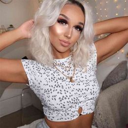 Knitted Dot Print Cropped T Shirts Tops Women Bodycon Round Neck Short Sleeve T-shirts Female Harajuku Crop Top Tees 210517