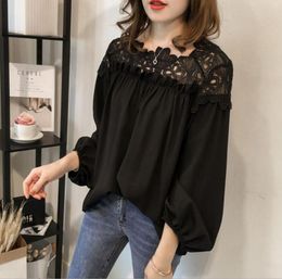 Camiseta para mujer 2021 Otoño Blusa de manga larga Blusa coreana Crochet Lace Stitching Camisa de gasa Elegante Tops las sueltas