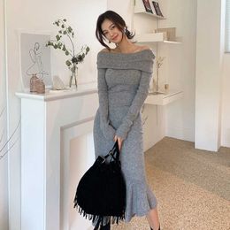 Chic Korea Lady Slash Neck Bodycon Mermaid Dress Women Off The Shoulder Slim Wrap Hip Grey Fashion Thick 210529