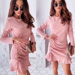 Women Pencil Dress Autumn Casual O Neck Long Sleeve Shrinkage Drawstring Lace Up Ruffled Pink Dress Sexy Slim Hips Mini Dresses 210507