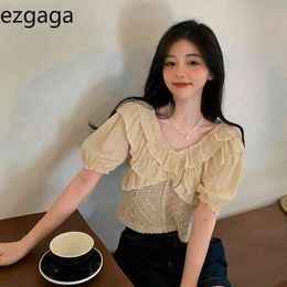 Ezgaga Knit Patchwork Blouse Women V-Neck Ruffles Short Puff Sleeve Loose Korean Fashion Crop Tops Solid Casual Shirts Summer 210430