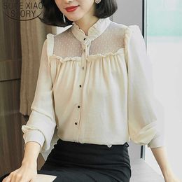 Autumn Korean Full Chiffon Shirt Loose Temperament Solid Hollow Out Women Tops Stand Long Sleeve Women Blouses 5750 50 210527