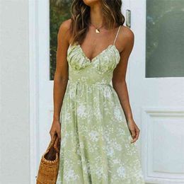 Ruffles Casual green sling print women dress Summer sexy V-neck holiday style maxi Elegant High-waist lace-up ruffle 210508