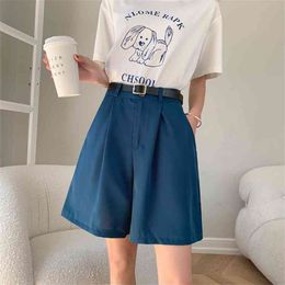 Suit Shorts Women's Loose High Waist Slim Casual Wide Leg Capris Plus Size Elegant Office Ladies Blue 210601