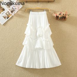 Nomikuma Ruffle Patchwork High Waist Skirt Women Solid Color A Line Midi Skirts Jupe Femme Casual Fashion Trend Faldas Mujer 210514