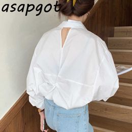 Korean Chic Minimalism Backless Pleated Slim Turn Down Collar Single-breasted Long Sleeve Women Shirts White Blouse Loose Casual 210610