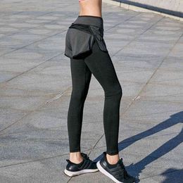 2 In 1 Running leggings Shorts Women Leggings Sport Fitness Yoga Tight Training Breathable Gym Pants Stretchy Sportswear H1221