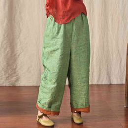 Johnature Spring Linen Retro Solid Colour Wide Leg Pants Pocket Elastic Waist Leisure Women Full Length Pants 210521