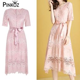 pink office lady v-neck spring summer midi dress straight single breasted lace hollow out dresses belt sashes vestidos2XL 210421