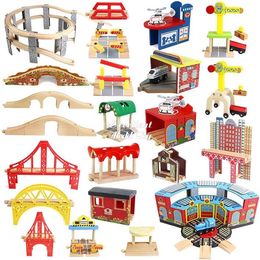 Wooden Train Kits Accessories, DIY Assembly Building Blocks, Educational Toy, Drawbridge, Parking Lot, Gas station, Crane, Compatible All Brands Wood Track, Boy Kid Gift