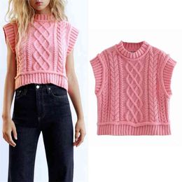 Pink Cable-Knitted Sweater Vest Women Vintage High Neck Sleeveless Cropped Woman Fashion Cute s Tops 210519