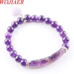 WOJIAER Natural Stone Beads Amethyst Strand Bracelets & Bangles Heart Shape Charm Fitting Women Jewelry Love Gifts K3340