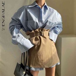Simple Lapel Single Breasted Loose Long Sleeve Shirt And High Waist Lace Up Mini Skirt Suit Sets For Women 5C453 210427