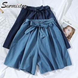 SURMIITRO Fashion Summer Wide Leg Blue Denim Capris Women Korean Style High Waist Female Short Pants Jeans With Belt 210712
