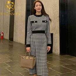 Autumn Winter Women Temperament Color matching Knitted O-neck Dress Long Fashion Sweater Lattice Dresses Female 210506