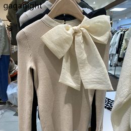 Gaganight Sweet Women Knitted Blouse Long Sleeve Big Bow Collar Chic Korean Office Lady Bottom Solid Blusas Stretchy Slim Shirts 210519