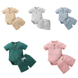 Baby Boy Solid Rib Knitted Clothes Set Bodysuit Romper with Pocket Shorts 0-18m Newborn Infant Toddler Summer Cotton Outfits G1023