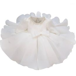 Girl's Dresses Little Baby Girls Beading Ball Gown Boutiques Lace Big Bow Flower Baptism Dress For Kids Birthday Princess