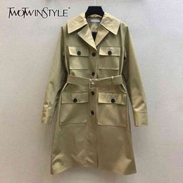 Casual Khaki Trench For Women Notched Long Sleeve Patchwork Pockets Sashes Tunic Loose Coats Female Summer 210524