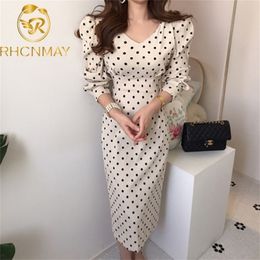 French style Spring Autumn Women Casual Polka Dot Print A-Line Party Corduroy Dresses Eleagnt lace-up Slim Dress Fashion 210506