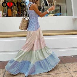 OIMG Casual Maxi Dresses Women Elegant Sleeveless Sling Long Dress Lady Fashion Sweetwear Striped Patchwork Big Swing Sundress Y0823
