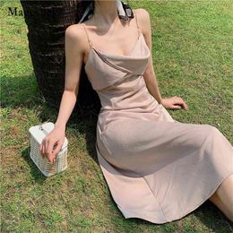 Solid Elegant Sexy Dresses Summer Backless Long V Neck Party Spaghetti Strap Satin Evening Clothing Robes 14572 210512