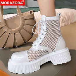 MORAZORA Size 34-43 Genuine Leather Boots Women Lace Up Hollow Lace Up Summer Cool Boots Fashion Chunky Platform Ankle Botas 210506