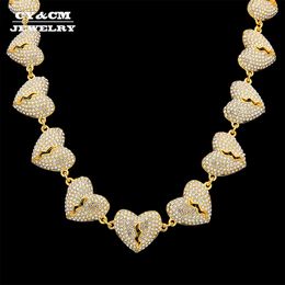 Broken Heart Necklaces Full Iced Out CZ Rhinestone Gold Silver Colour Choker Hip hop Jewellery Bling Necklace for Men Women Chain X0509