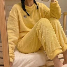 Women Pyjama Sets Winter Bear Printed Lovely Flannel Soft Warm Thick Sleepwear Home Clothes Simple Casual Preppy Ulzzang 2XL 211215