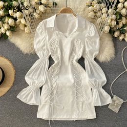 Neploe High Waist Hip Skinny Solid Vestdio Drawstring Design Spring Knee Length Dress Turn Down Collar Long Sleeve Robe 210510