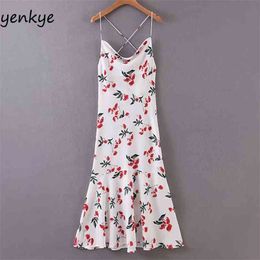 Elegant Women Floral Print Spaghetti Strap Sexy Dress Backless Halter A-line Midi Summer LJPZ9157 210514