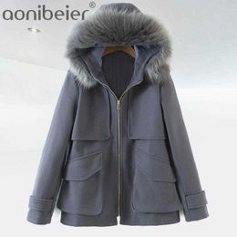 Fall Winter Women Jacket Faux Fur Collar Hooded Coat Thick Warm Fashion High Street Woman Outfits Tops Outwear 210604