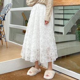 Summer White Embroidery Floral Jacquard Sequins Tull Skirts Women Kawaii Elastic High Waist Midi Mesh Black Long Skirt Korean 210421