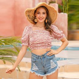 Fashion Boho Printed Women T-Shirt Ruched Puff Sleeve Summer Holiday Tees W9155 210526