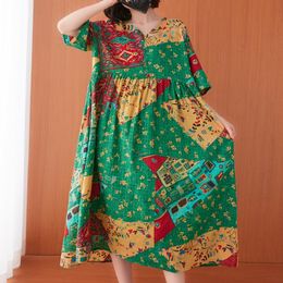 Women Cotton Linen Casual Dresses New Summer Indie Folk Style Vintage Print Loose Comfortable Female Long Dress S3609 210412