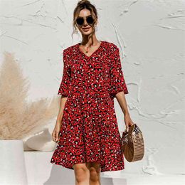 Sexy V Neck Lace Up Leopard Print Loose Women Dresses Summer Fashion Flare Sleeve Ruffles A Line Beach Dress Vestidos Female 210522