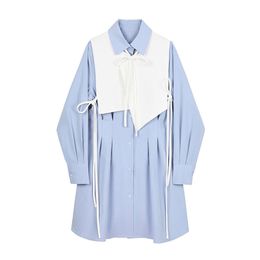 Blue Shirt Dress Long Sleeve Knee Length Loose A Line Vest Bow Lace-up Turn Down Collar D2046 210514